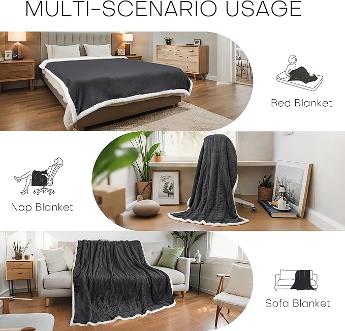 Electric Heated Blanket Throw Size 50"x60" - Microplush & Sherpa Fabric Dual-Sided, 6 Heat Settings & 3 Hours Auto Off, Soft & Cozy Warming Throw for Home, Office, or Bed, Machine Washable, Iron Gray
