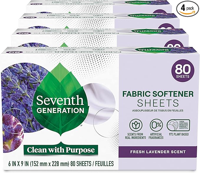 Seventh Generation Dryer Sheets Fabric Softener Fresh Lavender Scent with 100% Essential Oils and Botanical Ingredients 80 Sheets (Pack of 4)