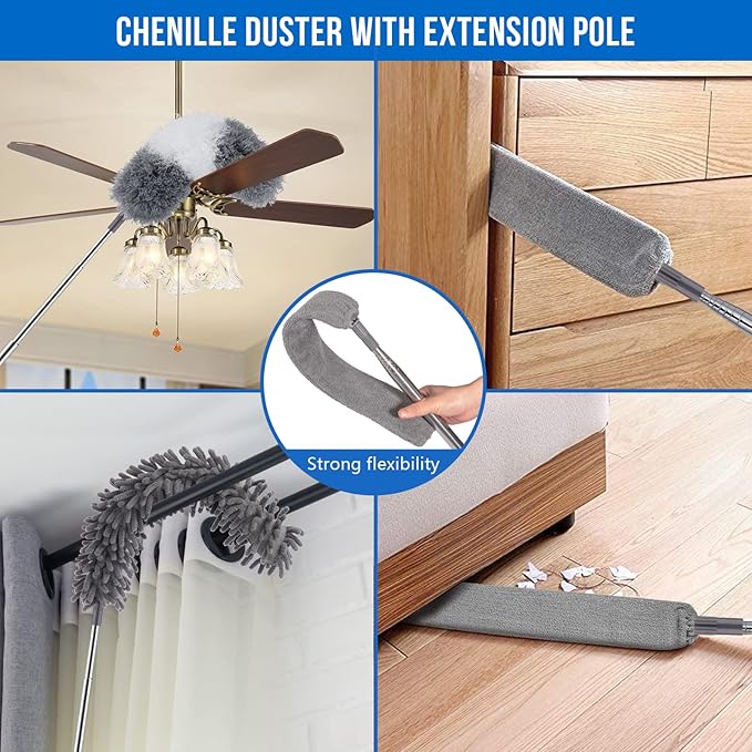 Microfiber Feather Duster Kit with Extension Pole (30–100") – Bendable Washable Heads, Extendable Dusters for Cleaning Ceiling Fan, High Ceiling, Blinds, Furniture & Cars (5 Pcs)
