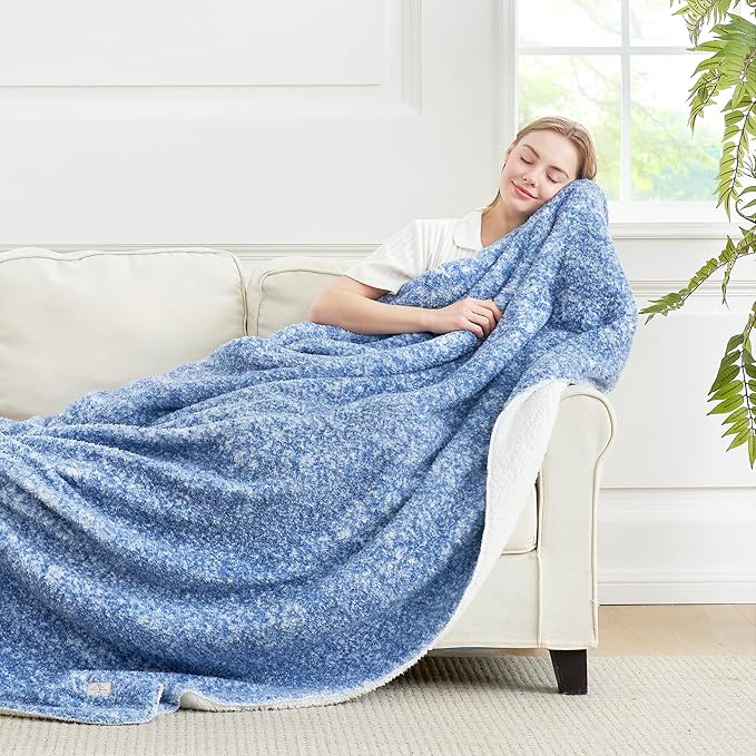 Cozy Bliss Luxury Sherpa Throw Blanket for Couch, Premium Reversible Plush Thick Throw, Warm Cozy Soft Blanket for Home and Gifts (Mottled Navy Blue, 50" x 60")