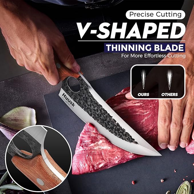 Huusk Knife Japan Kitchen Upgraded Viking Knives with Sheath Hand Forged Butcher Knife for Meat Cutting Japanese Cooking Chef Knives Sharp Meat Cleaver for Outdoor Camping, BBQ