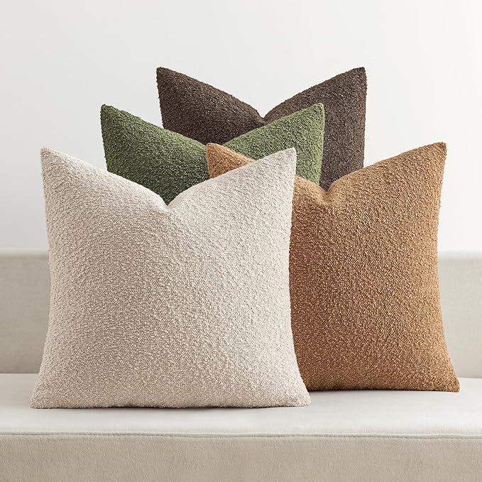 MIULEE Pack of 4 Decorative Textured Boucle Throw Pillow Covers 18x18 Inch Green Brown Accent Solid Pillow Cases Soft Couch Cushion Covers Modern Farmhouse Boho Chair Sofa Bed Livingroom Home Decor
