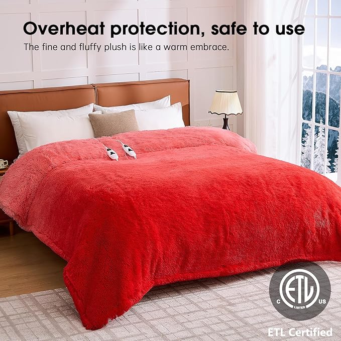 Heated Electric Blanket Queen,Warm Winter for Women Her Grandma–Faux Fur with Soft Sherpa,10 Heat Settings,5 Time Settings with Fast Heating,ETL 84x90, Ruby Wine