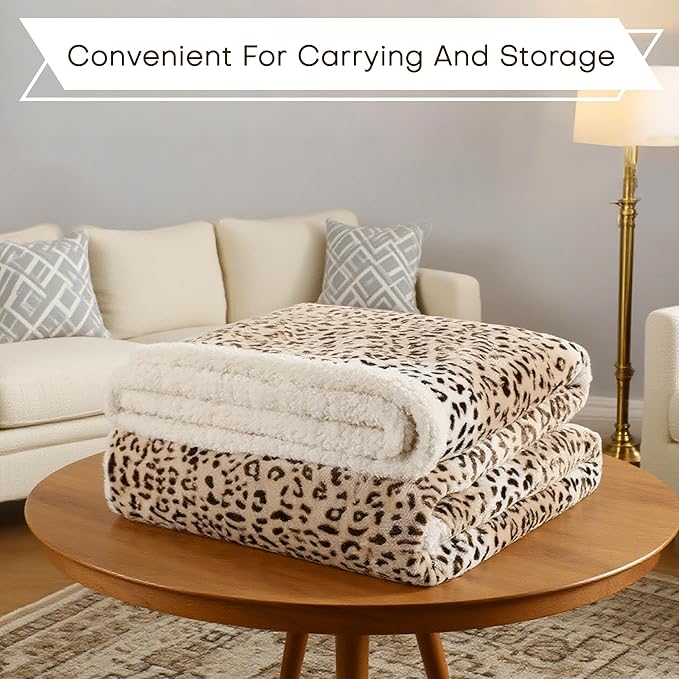 Electric Heated Blanket Twin Size 62"x84" - Microplush & Sherpa Fabric Dual-Sided, 6 Heat Settings & 10 Hours Auto Off, Cozy Warming Throw for Office or Bed, Machine Washable, Beige Leopard Print