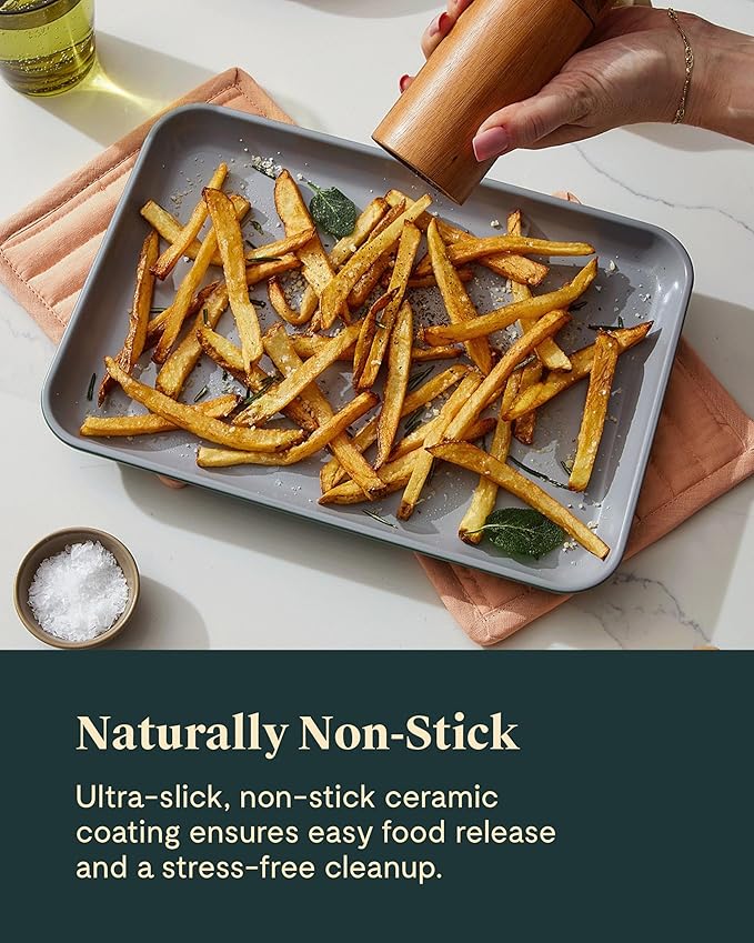 Caraway Non-Stick Ceramic Baking Sheet Trio - Naturally Slick Ceramic Coating - Non-Toxic, PTFE & PFOA Free - 18 x 13" Large, 15 x 10" Medium, & 9" x 13" Small - Cream