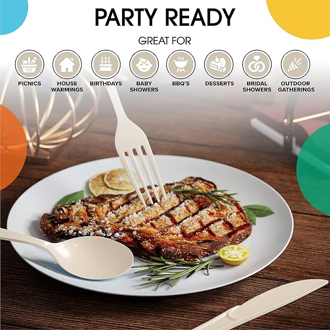 Party Solids Ivory Plastic Knives 200 Pcs Ivory Knives Disposable Utensils Heavy Duty Plastic Cutlery Set Disposable Cutlery Sets Flatware Sets Silverware Set Party Supplies & Party Tableware