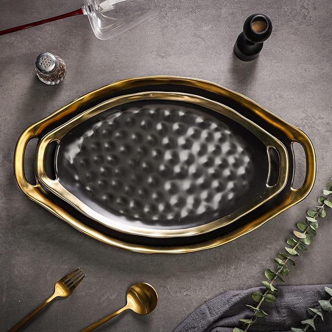 Stone Lain Florian Porcelain Large and Medium Oval Platters with Handle, Service Set, Black with Gold Rim