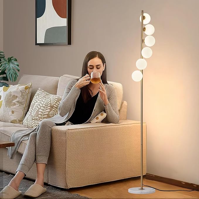 NKU Mid Century Floor Lamp Unique Glass lamp with Foot Switch, Modern Standing Tall Lamp for Living Room 3 Color Temperatures 6 Globe Floor Lighting for Bedroom Office(Gold)