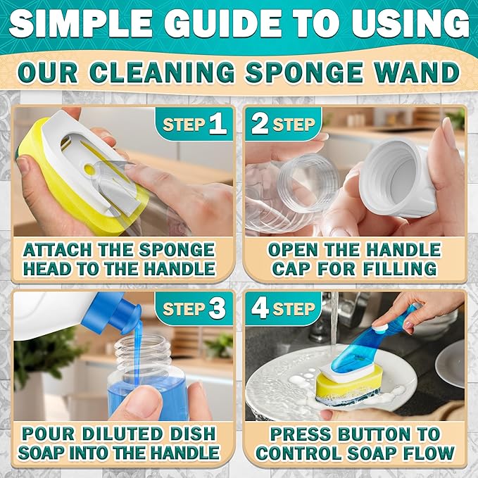 Dish Sponge with Handle – High-Density Absorbent Dish Washing Brush with Handle for Quick & Easy Dishwashing – Non-Scratched Cellulose, Leak-Proof Design for No-Mess Soap Application & Comfortable Use