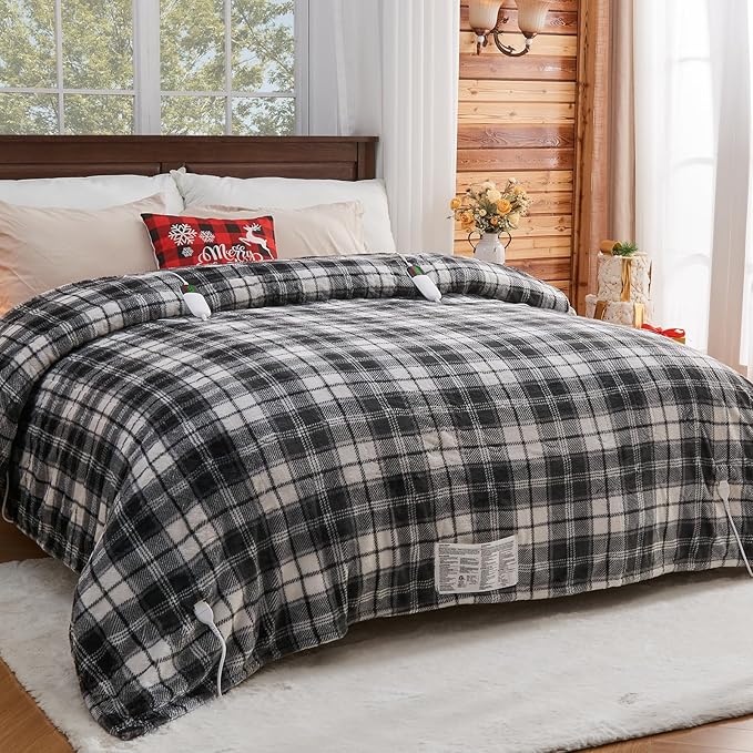 Heated Electric Blanket Queen Size, 84X90 Heating Blanket Queen with Dual Control&10 Heats Levels&Timer for Bed,Black Plaid Sherpa Large Blankets Warmer Gift for Grandma Women Adults, Washable,ETL