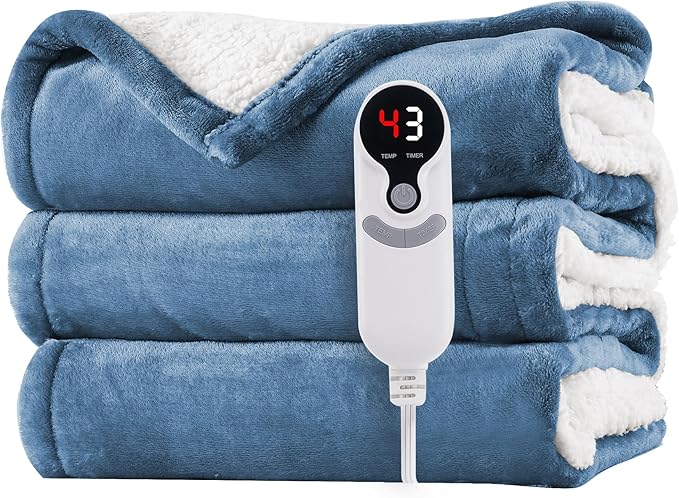 Electric Heated Blanket Twin Size 62"x84" - Microplush & Sherpa Fabric Dual-Sided, 6 Heat Settings & 1-10 Hours Auto Off , Cozy Warming Throw for Home, Office, or Bed, Machine Washable,Slate Blue