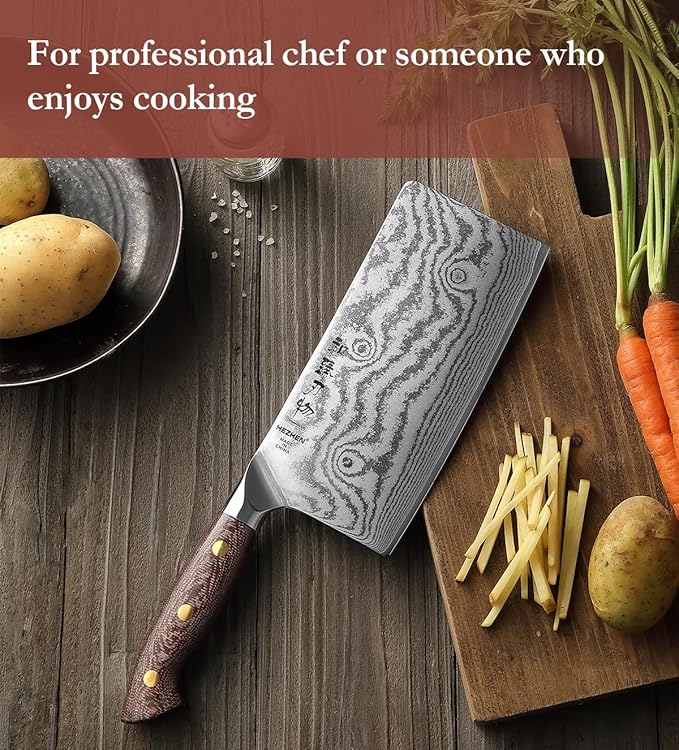 HEZHEN Meat Cleaver Knife,7 Inches, 67 Layers Damascus Steel Kitchen Knife, Professional Cleaver Knife for Meat and Vegetable Cutting, Ultra Sharp, Ergonomic Micarta Handle, Gift Packing