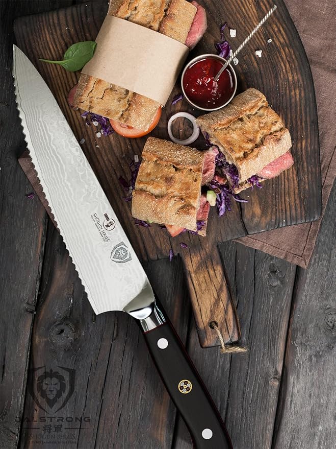 Dalstrong Serrated Chef Knife - 7.5 inch - Shogun Series Elite - Damascus - Japanese AUS-10V Super Steel - Razor Sharp Chef's Knife - Black G10 Handle - w/Sheath