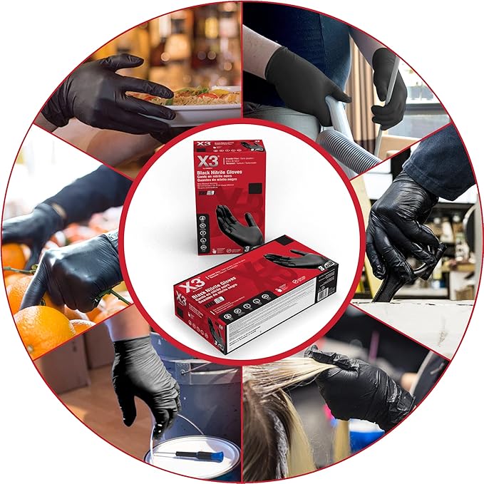 X3 Black Nitrile Disposable Industrial-Grade Gloves 3 Mil, Latex and Powder-Free, Food-Safe, Non-Sterile, Lightly-Textured