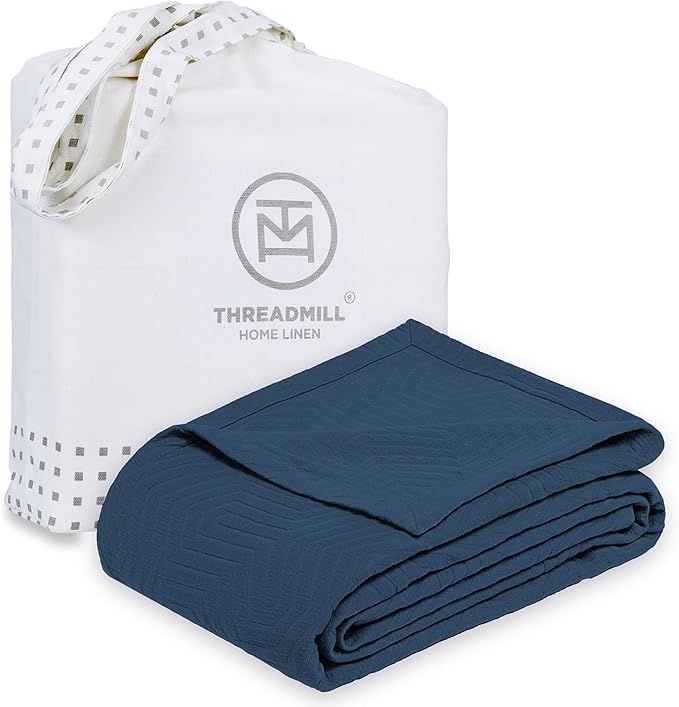 Threadmill Luxury Cotton Blankets for King Size Bed | All-Season Cozy 100% Cotton King Size Blanket | Aster Soft & Lightweight Coverlet fits California King Size Bed, 104x92 | Folkstone Blue