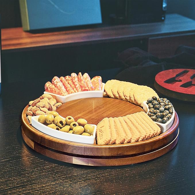 Shanik Acacia Wood Lazy Susan Cheese Board Set – Rotating Charcuterie Platter, Elegant Serving Tray for Appetizers, Snacks, Parties & Weddings
