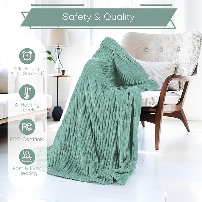Electric Heated Blanket 50"x60" Throw Size with Cozy Flannel, 6 Heat Settings & 3 Hours Auto Off, Soft & Cozy Warming Throw for Home, Office, or Bed, Machine Washable, Bean Green