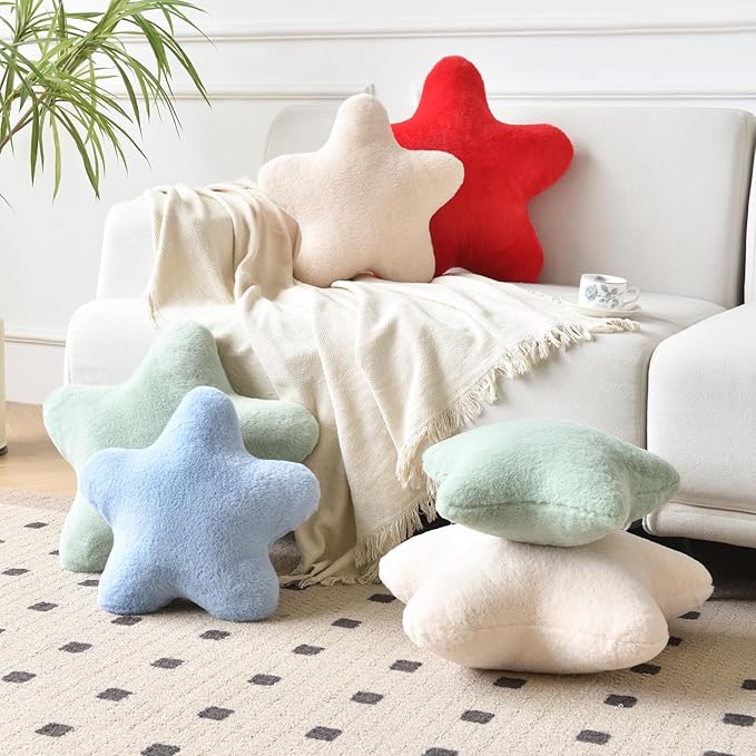 Xiashrk Star Pillow, Decorative Throw Pillows for Bed Couch, 15" Star Shaped Pillow Plush Floor Cushions Room Decor Pillow with Faux Rabbit Fur for Sofa Bedroom Living Room (Sage Green, 19.6" x 19.6")