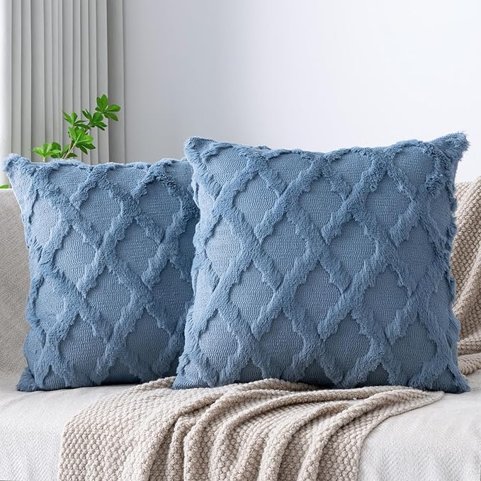 Set of 2 Soft Moroccan Throw Pillow Covers 22x22 Inch Plush Boho Decorative Pillow Cover Accent Cushion Case for Couch Sofa Bed, Grey Blue