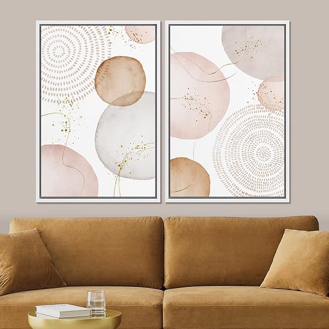 SIGNFORD Framed Wall Art Print Set Pastel Pink Gray Watercolor Circles Abstract Shapes Illustrations Modern Minimalist Relax/Calm Multicolor for Living Room, Bedroom, Office - 24"x36"x2 White