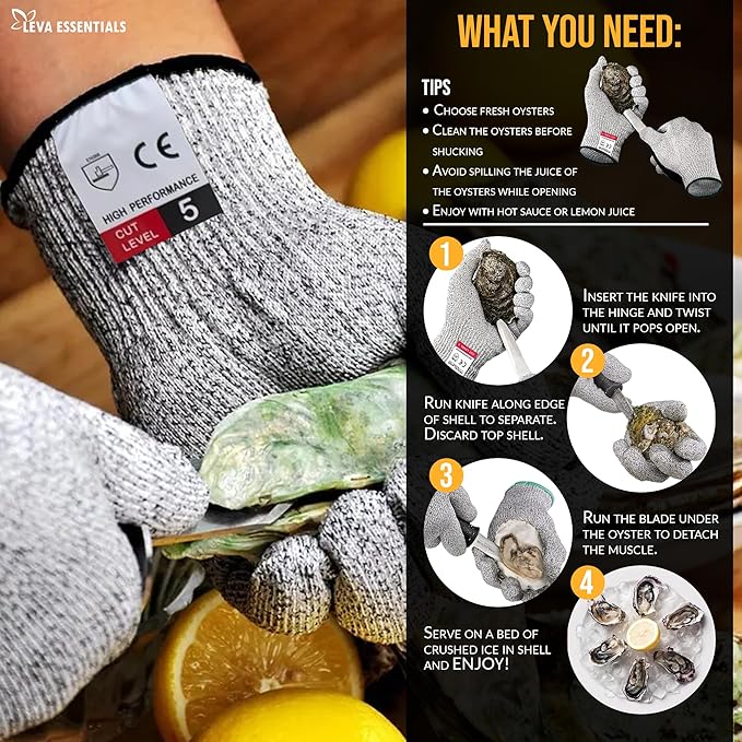 Professional Oyster Shucking Knife Set – Level 5 Cut Resistant Gloves – Premium Seafood Opener Oyster Shucker Knife Tool Kit for Safe and Effortless Shucking Oysters