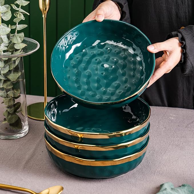 Stone Lain Florian 4-Piece Round Pasta Bowl Set, Green with Gold Rim