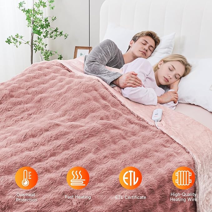 Heated Blanket Electric King- 100"x90" Soft Thick Bubble Electric Blanket for Sofa with 5 Heat Levels & 10 Hours Auto-Off Overheat Protection, Warm Cozy Gifts, Pink