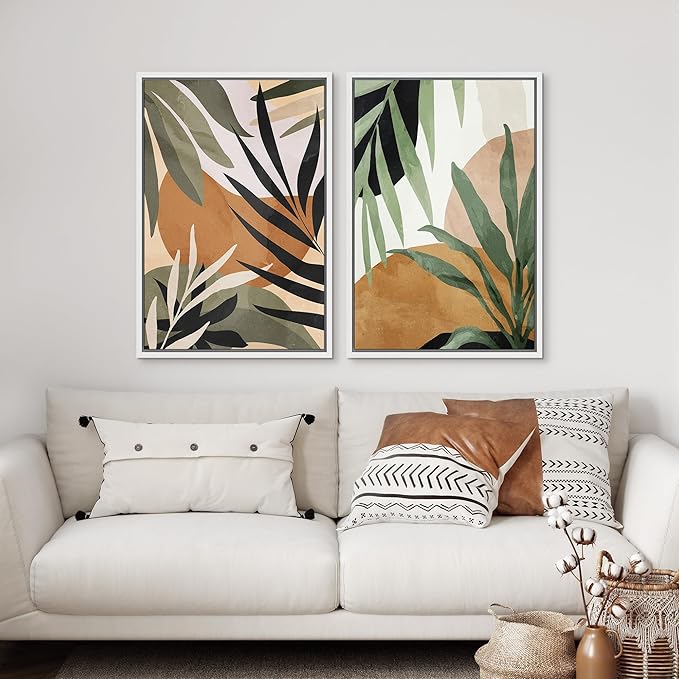 SIGNFORD Framed Canvas Print Wall Art Set Tropical Island Palm Leaf Geometric Collage Abstract Nature Illustrations Modern Art Decorative Minimalist Floral Botanical for Bedroom - 16"x24"x2 White