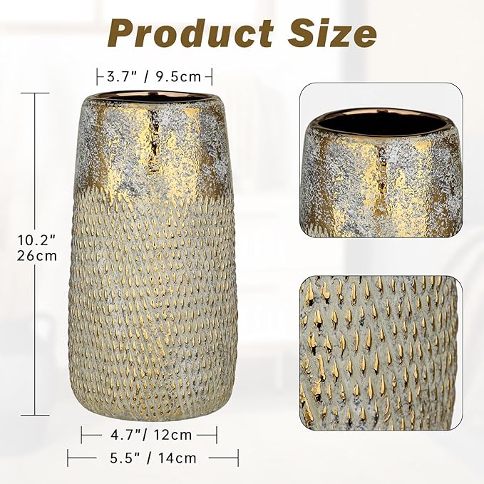 10.2" Ceramic Flower Vintage Vase - White & Gold Textured Metal Ceramic Vase for Farmhouse Modern Home Decor Pampas Grass Centerpieces Living Room Bedroom Office Decoration