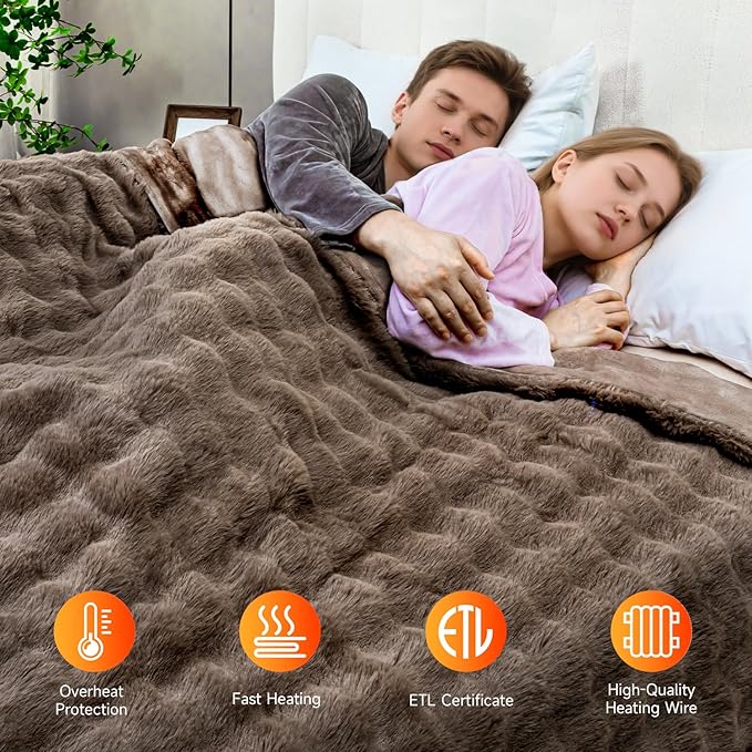 Heated Blanket Electric King- 100"x90" Soft Thick Bubble Electric Blanket for Sofa with 5 Heat Levels & 10 Hours Auto-Off Overheat Protection, Warm Cozy Gifts, Beige