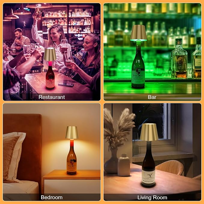 DUSKTEC Wireless Wine Bottle Lampshade, 8 RGB Modes, Light Temperature 3000-6500K, Rechargeable Touch Wine Bottle Lamp, Portable Wireless Lamp, Bar Lights, Party, Gift (Gold)