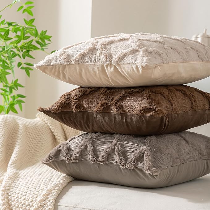 Set of 2 Soft Moroccan Throw Pillow Covers 16x16 Inch Plush Boho Decorative Pillow Cover Accent Cushion Case for Couch Sofa Bed, Deep Brown