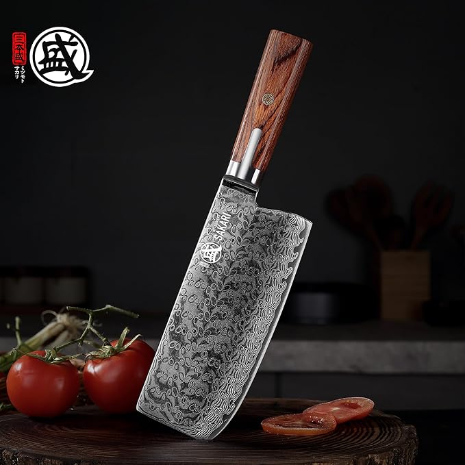 MITSUMOTO SAKARI Cleaver Knife 7 inch, S301 Damascus Steel Traditional Meat Cleaver (Hand Forged)