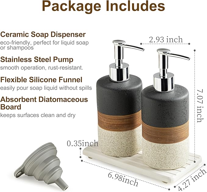 Ceramic Dish Soap Dispensers Set(2 Pack), Hand, Dish, Shower Soap Dispenser for Kitchen Sink & Bathroom, Includes Stainless Steel Pump, Silicone Funnel & Diatomaceous Holder, Black