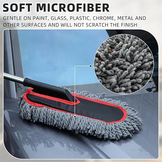 Tanlade 2 Pack Microfiber Car Duster Exterior Scratch Free with Extendable Handle Soft Car Duster Kit for Cleaning Dust Brush Set for Exterior Interior Cleaning Tools (Red Edge Gray)