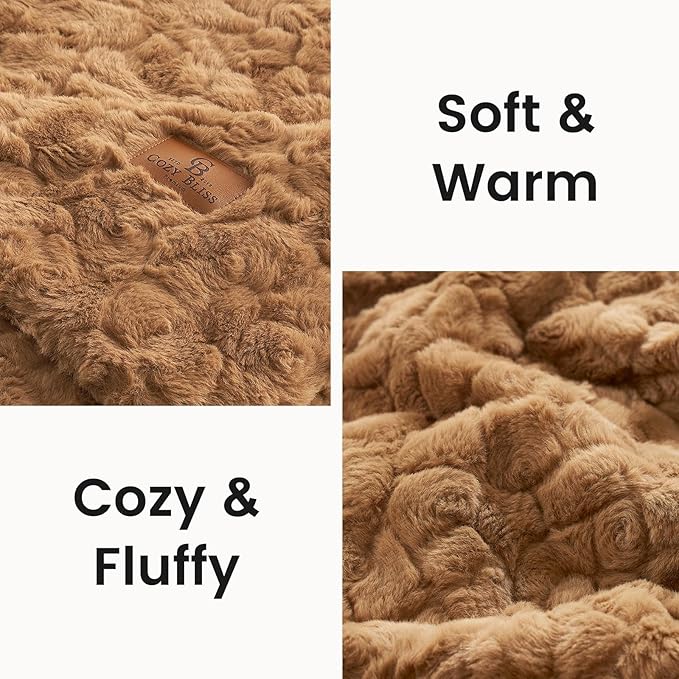 Cozy Bliss Faux Fur Throw Blanket for Couch, Fuzzy Soft Plush Thick Warm Fluffy Reversible Wave Textured Blanket for Sofa Bedroom Living Room, 55 * 70 Inches Brown