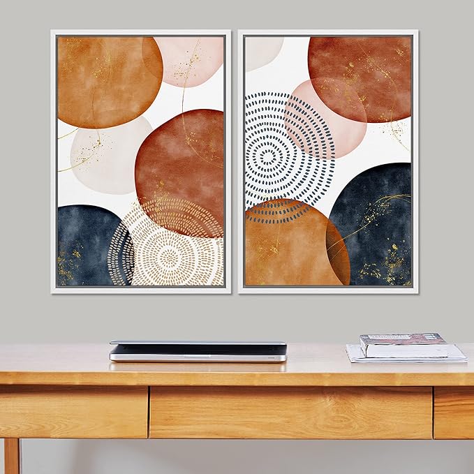 SIGNFORD Framed Wall Art Print Set Vintage Mid-Century Spiral Watercolor Dot Abstract Shapes Illustrations Modern Minimalist Multicolor for Living Room, Bedroom, Office - 16"x24"x2 White