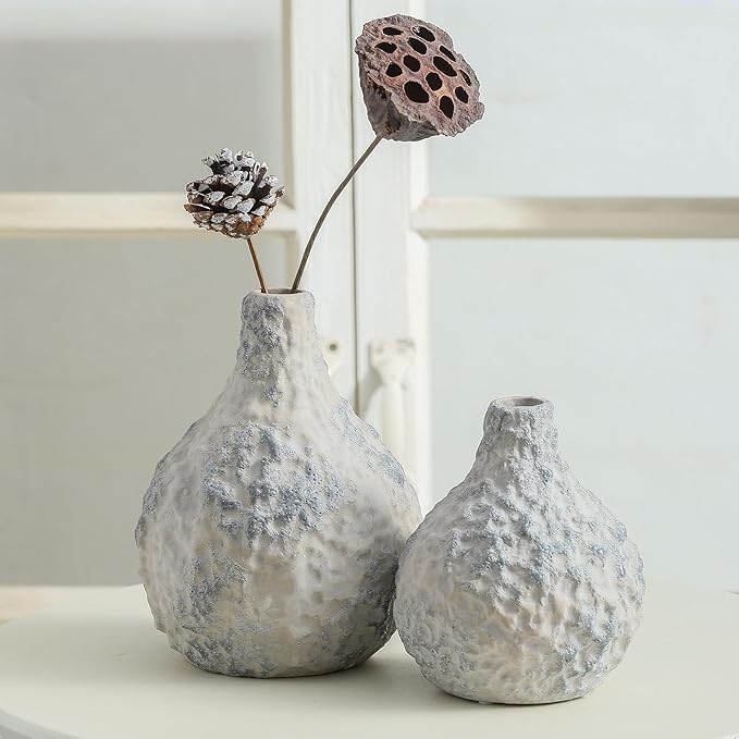 Stone Vases Set of 2, Ceramic Bud Vase Minimalist Vases for Pampas Grass,Modern Vase for Wabi Sabi Home Decor, Shelf Decoration,Fireplace Decor,Coffee Table Decor