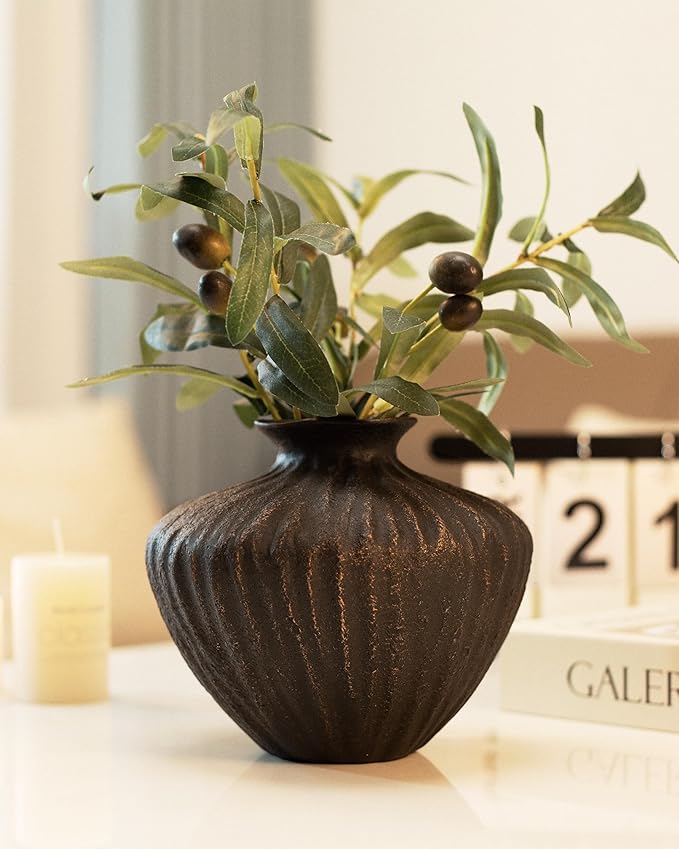 Small Black Ceramic Vase 6 Inch – Handmade Sculptural Decor with Hand-Painted Gold Detailing – Organic Accent Flower Vase for Shelf, Entryway or Table – Modern Minimalist Home Decoration