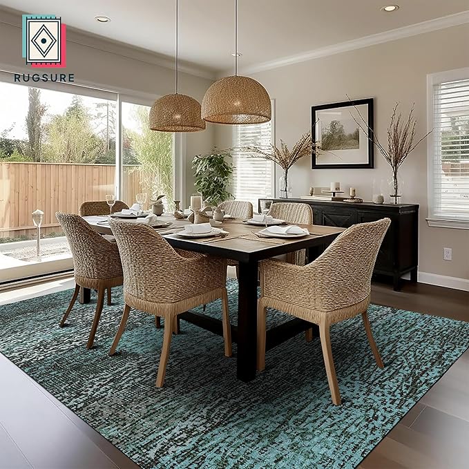 RUGSURE Washable Area Rug - 1/6 Thick - Stain & Water Resistant Non-Slip - Resistant Rug for Living Room, Bedroom, Nursery, Pet & Child Friendly, Vintage Charm Area Rugs (Green, 6' x 9')