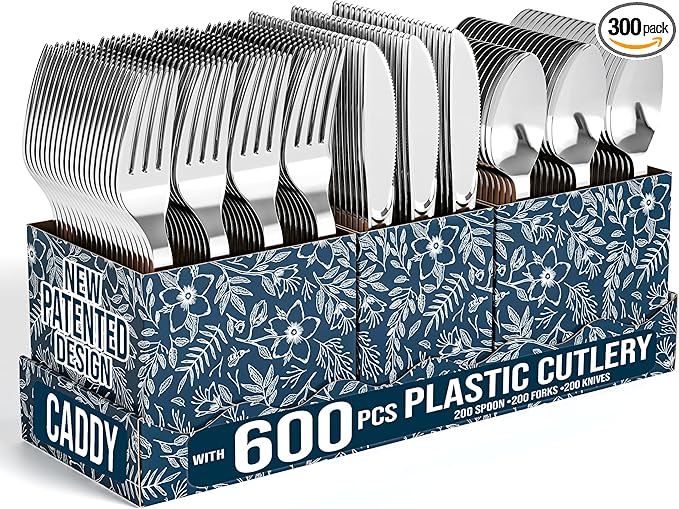 Exquisite Silver Plastic Silverware Heavy Duty 300 Pack - Utensil Caddy For Parties, Utensil Holder For Kitchen Counter 100 Each Plastic Spoons Forks & Knives Set Flatware Sets Disposable Silverware.