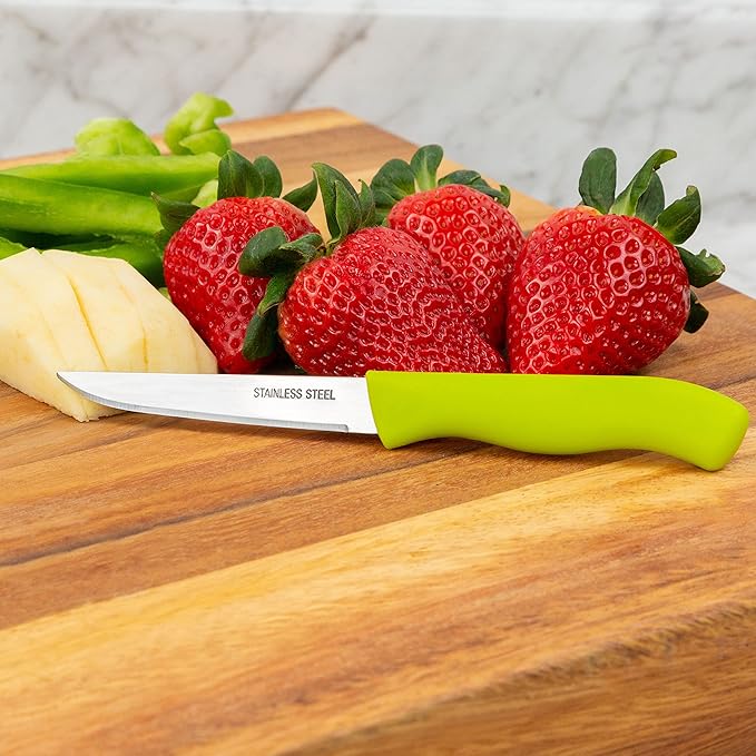Paring and Garnishing Knife, 12-Piece Set, Knives with Straight Edge 3 Inch Blade, Stainless Steel, Spear Point, Fruit and Vegetable Cutting and Peeling, Green