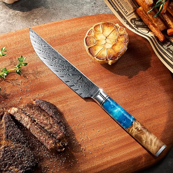 SENKEN Damascus Steak Knife Set - Tsunami Collection - 67-Layer Japanese VG10 Steel - Razor Sharp Non-Serrated Blades, Blue Resin & Natural Wood Pattern Handles, Luxury Gift Box (4 Steak Knife Set)