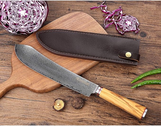YOUSUNLONG Breaking Knife Bull Nose Pro Butcher Knife 10 Inch Japanese Damascus Steel Italian Olive Wood Handle with Leather Sheath