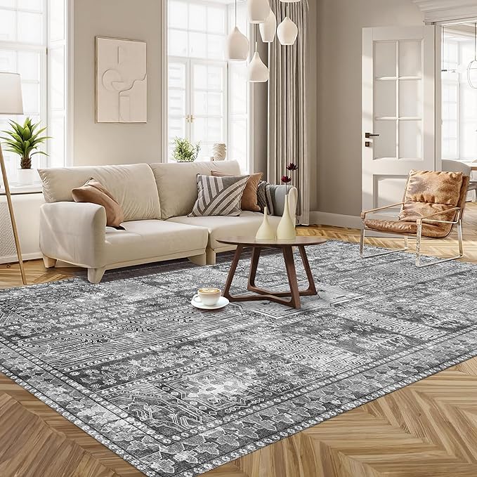 Vintage 3' x 5 ' Washable Area Rug - Stylish Indoor Rug for Living, Dining or Bedroom - Lightweight Carpet with Non-Slip Backing - Foldable for Easy Placement and Maintenance - Grey