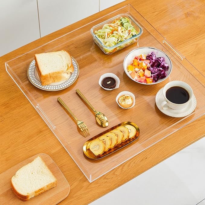 Oversize Extra Large King Size Bed Tray for Eating Big Clear Acrylic Serving Tray with Handles 24x24 Inch -Spill Proof- Decorative Countertop Organizer for Ottoman,Bed,Party, Butler Tray