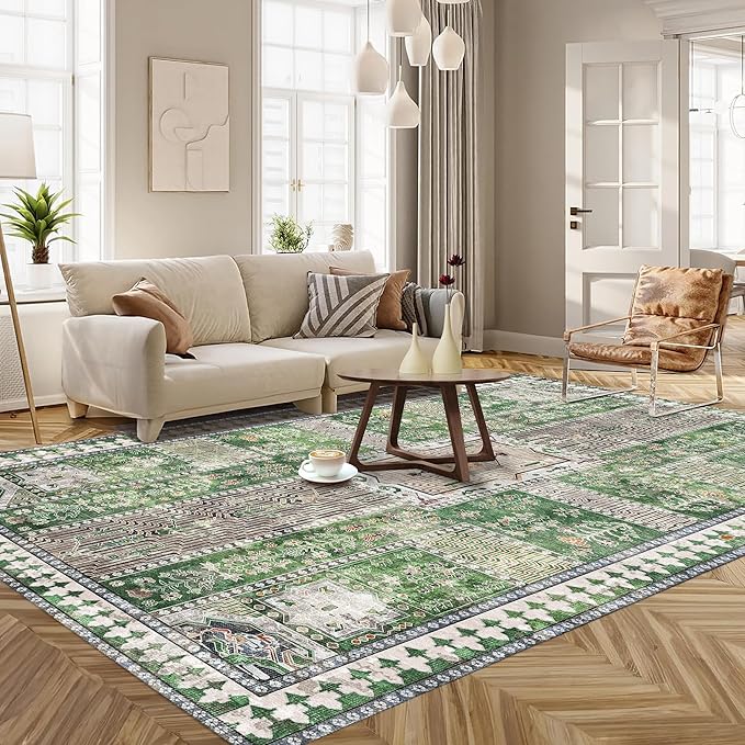 Vintage 6' x 9' Washable Area Rug - Stylish Indoor Rug for Living, Dining or Bedroom - Lightweight Carpet with Non-Slip Backing - Foldable for Easy Placement and Maintenance - Green