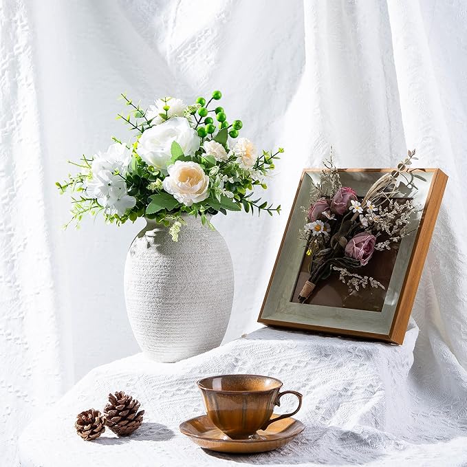8 Inch White Ceramic Vase - Rustic Vintage Decorative Vase for Home - Farmhouse Pottery Vase for Flowers - Modern Vintage Dining Table Centerpiece, Lyeec Vases Set