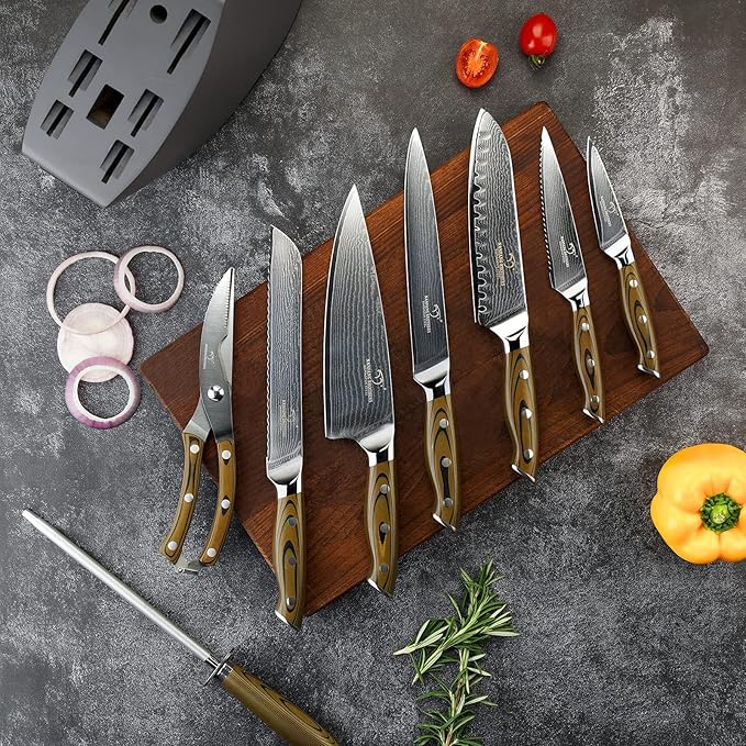Kitchen Damascus Knife Set, 9-Piece Kitchen Knife Set with Block, Non-slip G10 Ergonomic Triple Rivet Handle for Chef Knives, Knife Sharpener and Kitchen Shears, Natural Wood Block (Brown/Grey)