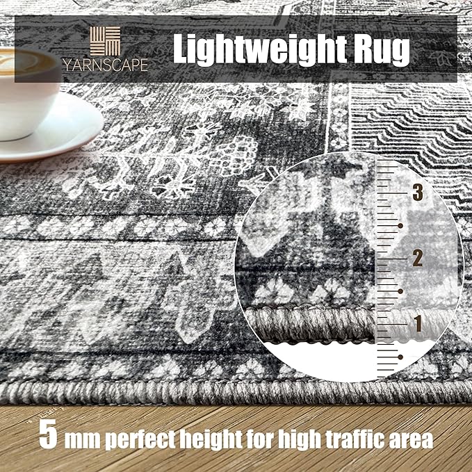 Vintage 3' x 5 ' Washable Area Rug - Stylish Indoor Rug for Living, Dining or Bedroom - Lightweight Carpet with Non-Slip Backing - Foldable for Easy Placement and Maintenance - Grey